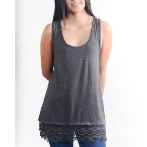 Charcoal Grey Tunic Length Tank Top with Lace Hem